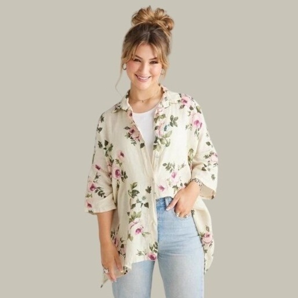 $185 Miss Rose Sister Violet Teddy Floral Linen Shirt O/S Oversized Button Up